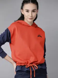 Roadster Orange & Navy Blue Antiviral Protective Finish Colourblocked Hooded Sweatshirt