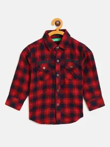 Palm Tree Boys Red & Navy Blue Checked Twill Weave Casual Shirt with Embroidered Back