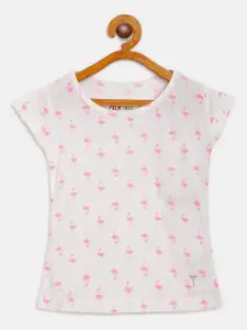 Palm Tree Girls White  Pink Flamingo Print Round Neck Pure Cotton T-shirt