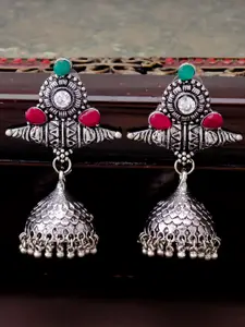 Sukkhi Rhodium-Plated Silver-Toned & Green Handcrafted Dome Shaped Jhumkas