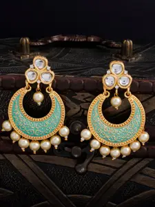 Sukkhi Gold-Plated & Green Kundan Crescent Shaped Chandbalis