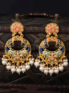 Sukkhi Blue & Pink Gold-Plated Meenakari Geometric Chandbalis
