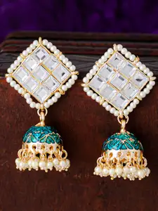 Sukkhi Blue Gold-Plated Meenakari Kundan & Pearls Dome Shaped Jhumkas