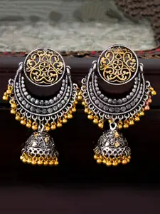 Sukkhi Silver-Toned & Yellow Rhodium-Plated Oxidised Dome Shaped Jhumkas