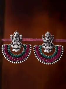 Sukkhi Pink & Green Rhodium-Plated Oxidised Classic Chandbalis