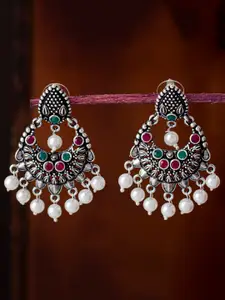Sukkhi Rhodium-Plated Silver-Toned & Pink Oxidised Classic Chandbalis