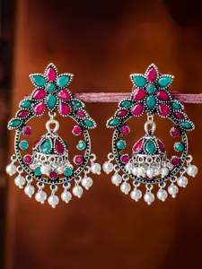 Sukkhi Rhodium-Plated Silver-Toned & Green Oxidised Classic Drop Earrings