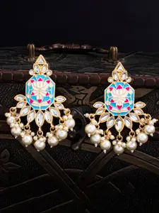 Sukkhi Blue & Pink Gold-Plated Enamelled Classic Drop Earrings