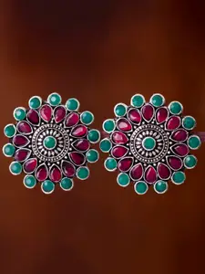 Sukkhi Pink & Green Rhodium-Plated Oxidised Circular Studs
