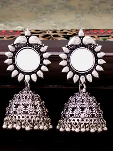 Sukkhi Silver-Toned Dome Shaped Oxidised  Jhumkas