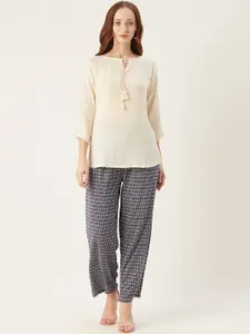 shiloh Women Cream-Coloured & Navy Blue Solid Top with Palazzos