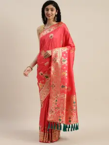 VASTRANAND Pink & Golden Silk Blend Woven Design Kanjeevaram Saree