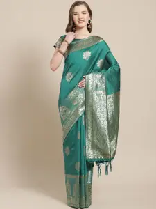 Saree mall Teal Green & Golden Ethnic Motifs Woven Design Banarasi Saree