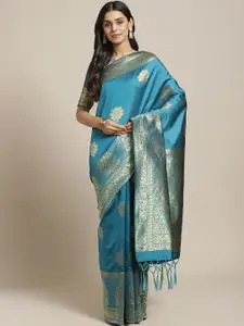 Saree mall Teal Blue & Golden Ethnic Motifs Zari Woven Design Banarasi Saree