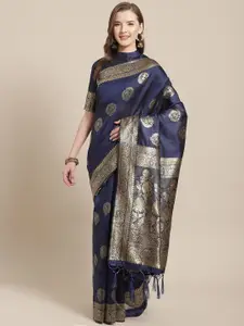 Saree mall Navy Blue & Golden Ethnic Motifs Zari Woven Design Banarasi Saree