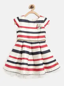 Gini and Jony Girls White Striped & Red Fit and Flare Dress With Belt & Brooch
