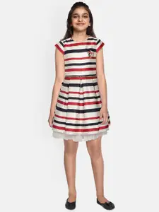 Gini and Jony Girls Red & Navy Blue Striped Fit and Flare Dress with Brooch & Belt