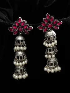 PANASH Silver-Plated & Pink German Silver Oxidised Dome Shaped Jhumkas