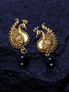 PANASH Gold-Plated & Black Peacock Shaped Drop Earrings