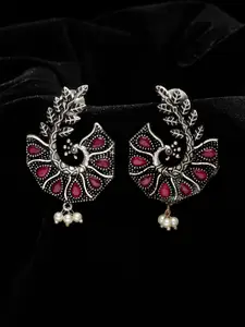 PANASH Silver-Plated & Pink Peacock Shaped Drop Earrings