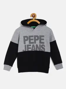 Pepe Jeans Boys Grey Melange & Black Brand Logo & Colourblocked Hooded Sweatshirt