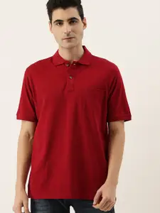 Burnt Umber Men Red Solid Polo Collar Pure Cotton T-shirt