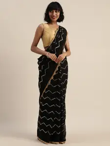 Sugathari Black & Gold-Toned Poly Georgette Embellished Saree