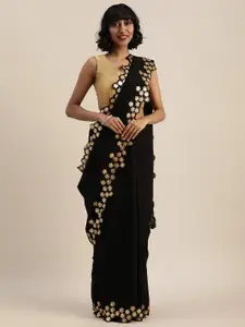 Sugathari Black Solid Poly Silk Saree with Sequins