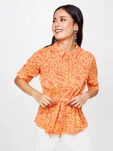 Global Desi Women Mustard Yellow & Peach-Coloured Floral Printed Cinched Waist Pure Cotton Top