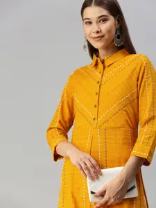 Global Desi Women Mustard Yellow & White Shirt Collar Striped Pure Cotton Kurta