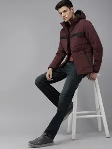 Pepe Jeans Men Burgundy Brand Logo Printed Lightweight Padded Jacket With Detachable Hood