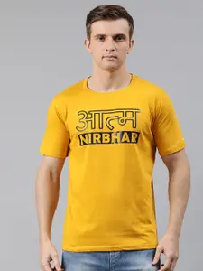 BRATMA Men Mustard Yellow Printed Round Neck T-shirt