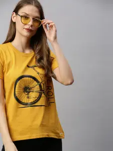 BRATMA Women Mustard Yellow & Black Printed Round Neck T-shirt
