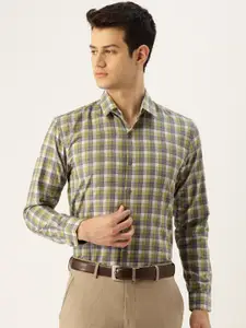 SOJANYA Men Olive Green & Grey Classic Fit Checked Formal Shirt