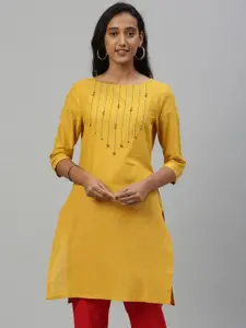 Anouk Women Mustard Yellow Solid Straight Kurta with Thread Work & Beads