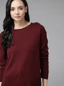 Roadster Women Maroon Solid Pullover Sweater