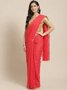 Saree mall Coral Pink & Golden Checked Saree