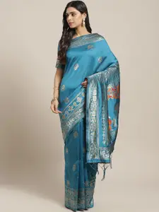 Saree mall Teal Blue & Golden Woven Design Banarasi Saree