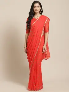 Saree mall Coral Red & Green Bandhani Printed Saree