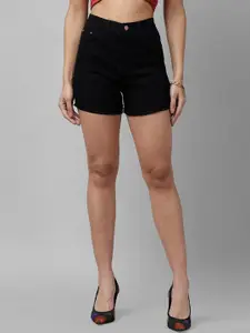 KASSUALLY Women Black Solid Regular Fit Denim Shorts