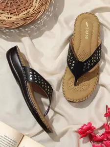 TRASE Women Black Solid Open Toe Laser Cut Flats