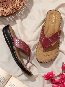 TRASE Women Maroon Laser Cut Open Toe Flats