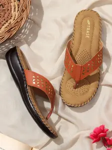 TRASE Women Tan Brown Textured Open Toe Flats