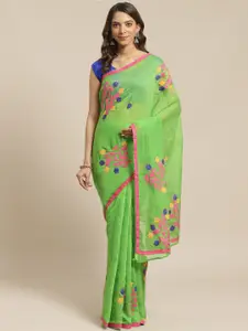 Laa Calcutta Green & Pink Bengal Handloom Embroidered Saree
