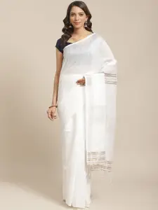 Laa Calcutta White & Golden Pure Cotton Sequinned Embellished Handloom Saree