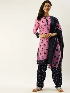 Rajnandini Pink & Navy Blue Cotton Blend Floral Printed Unstitched Dress Material