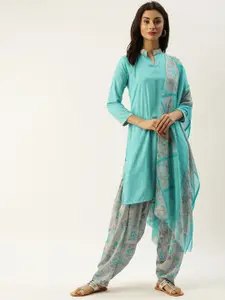 Rajnandini Turquoise Blue & Grey Poly Crepe Unstitched Dress Material