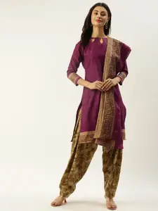 Rajnandini Burgundy & Beige Cotton Blend Unstitched Dress Material