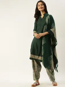 Rajnandini Green & Beige Poly Crepe Unstitched Dress Material