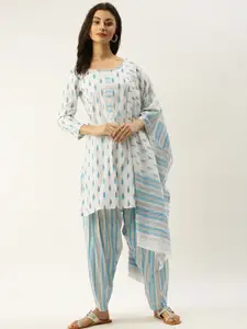 Rajnandini White & Blue Pure Cotton Unstitched Dress Material